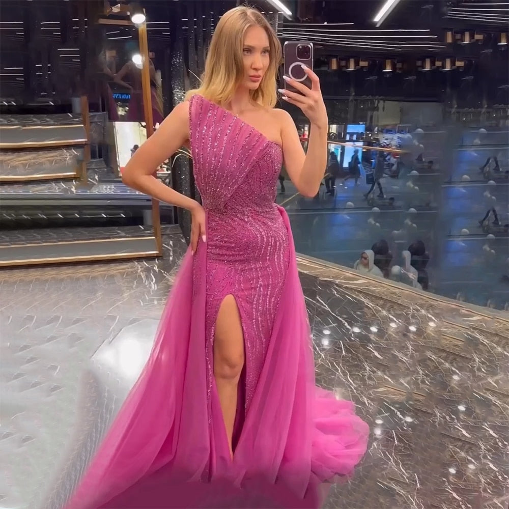 Serene Hill Arabic Blue High Split Luxury Beaded Dubai Evening Dresses for Women Wedding Party 2023 LA71921