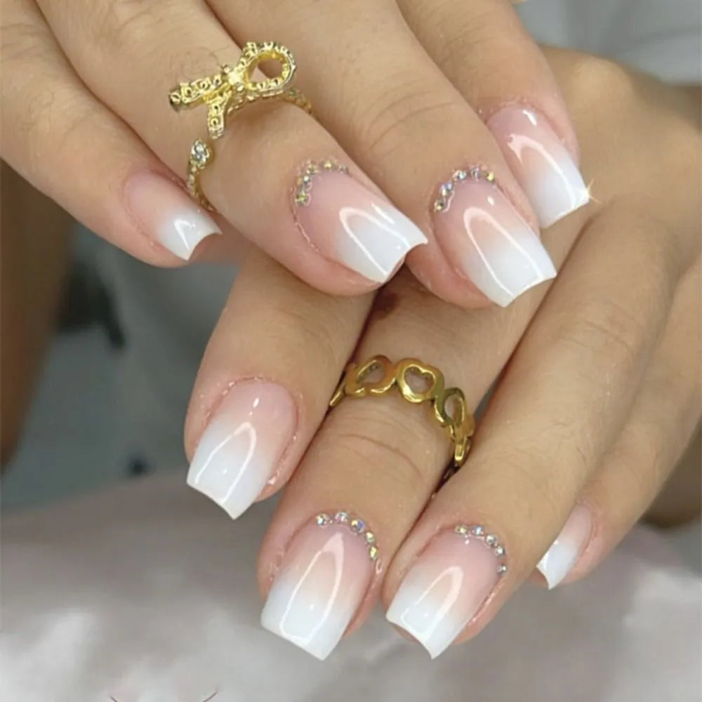 24pcs False Nail Full Cover Fake Nail Elegant Pink Gradient Glitter French Short Nails Coffin Short False Nail Press on Nails