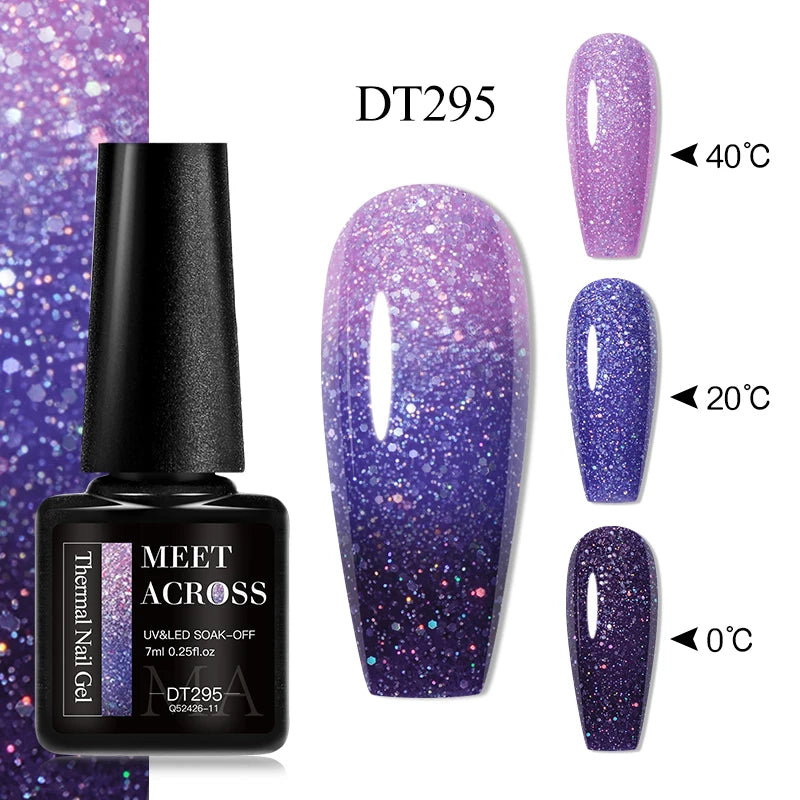 MEET ACROSS 7ml Auroras Thermal Gel Nail Polish Gold Glitter Gradient Color Changing Gel Semi Permanent Nail Art UV Gel Varnish