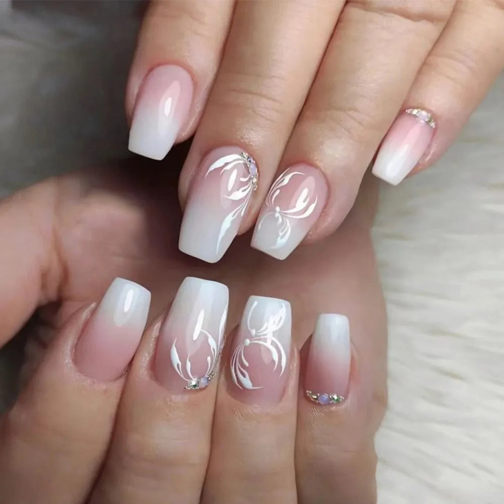 24Pcs Press on Nails Wearable Fake Nails Pink Gradient Glitter Butterfly Rhinestones False Nail Full Cover Acrylic Nail Tips