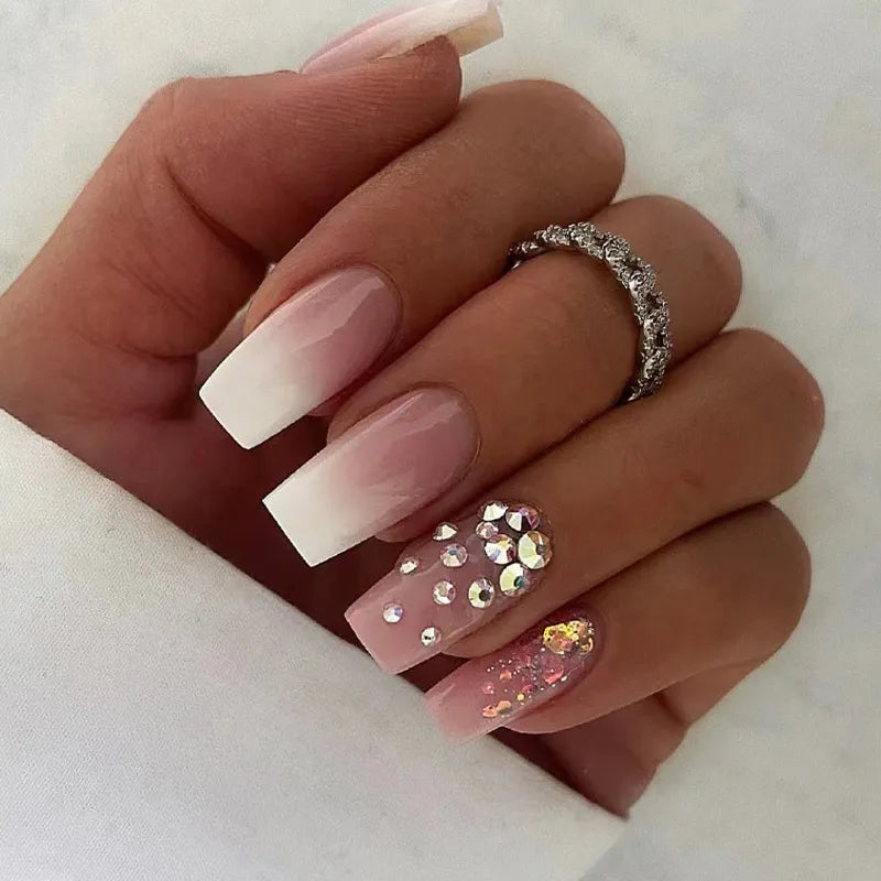 24Pcs Press on Nails Wearable Fake Nails Pink Gradient Glitter Butterfly Rhinestones False Nail Full Cover Acrylic Nail Tips