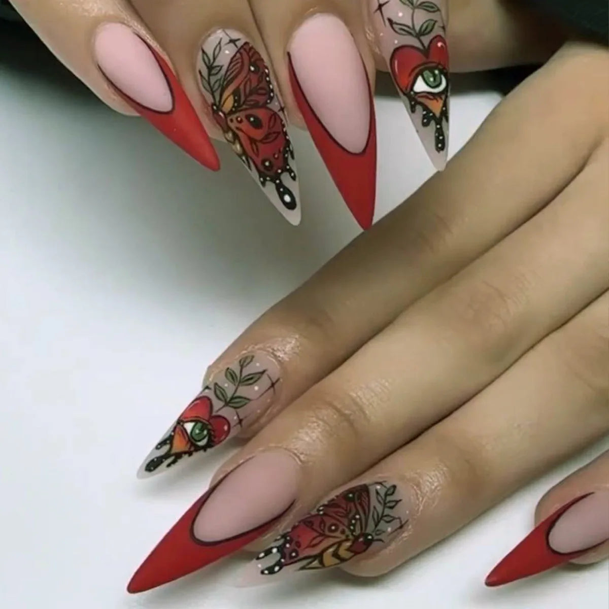Long Almond Fake Nails Detachable French Ballet Halloween False Nails Nail Art Full Cover Nail Tips Press on Nails 24pcs