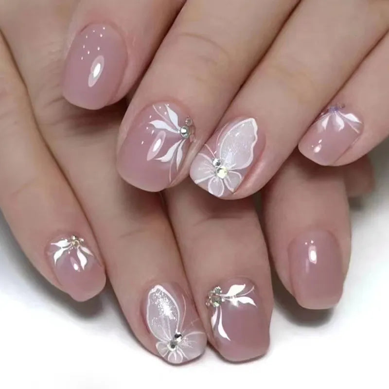 24pcs False Nail Full Cover Fake Nail Elegant Pink Gradient Glitter French Short Nails Coffin Short False Nail Press on Nails