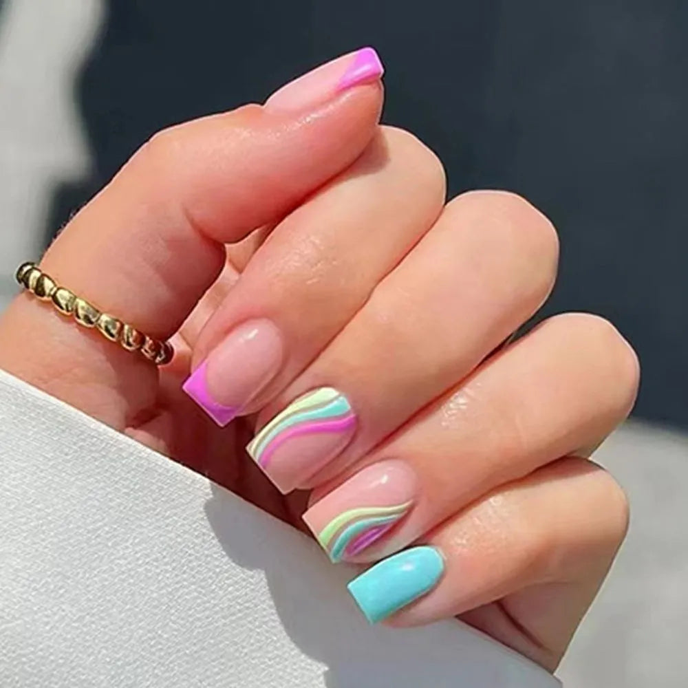 24pcs False Nail Full Cover Fake Nail Elegant Pink Gradient Glitter French Short Nails Coffin Short False Nail Press on Nails