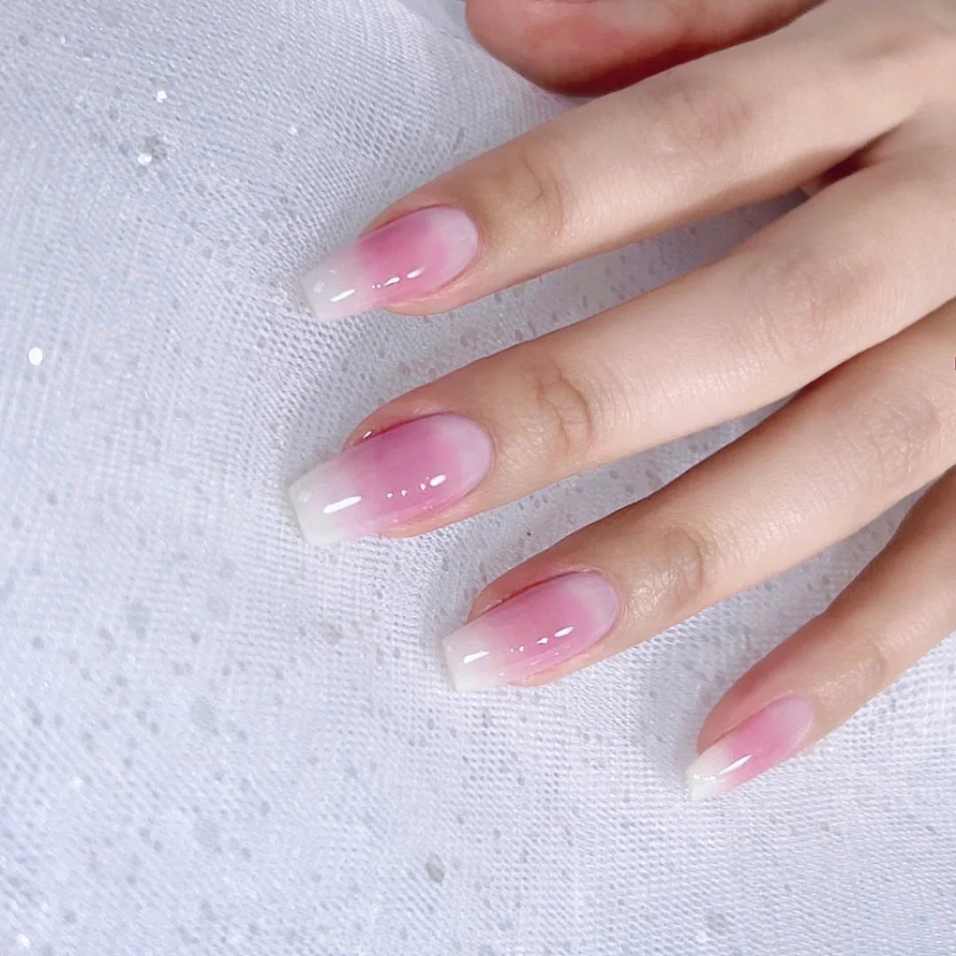 24Pcs Press on Nails Wearable Fake Nails Pink Gradient Glitter Butterfly Rhinestones False Nail Full Cover Acrylic Nail Tips