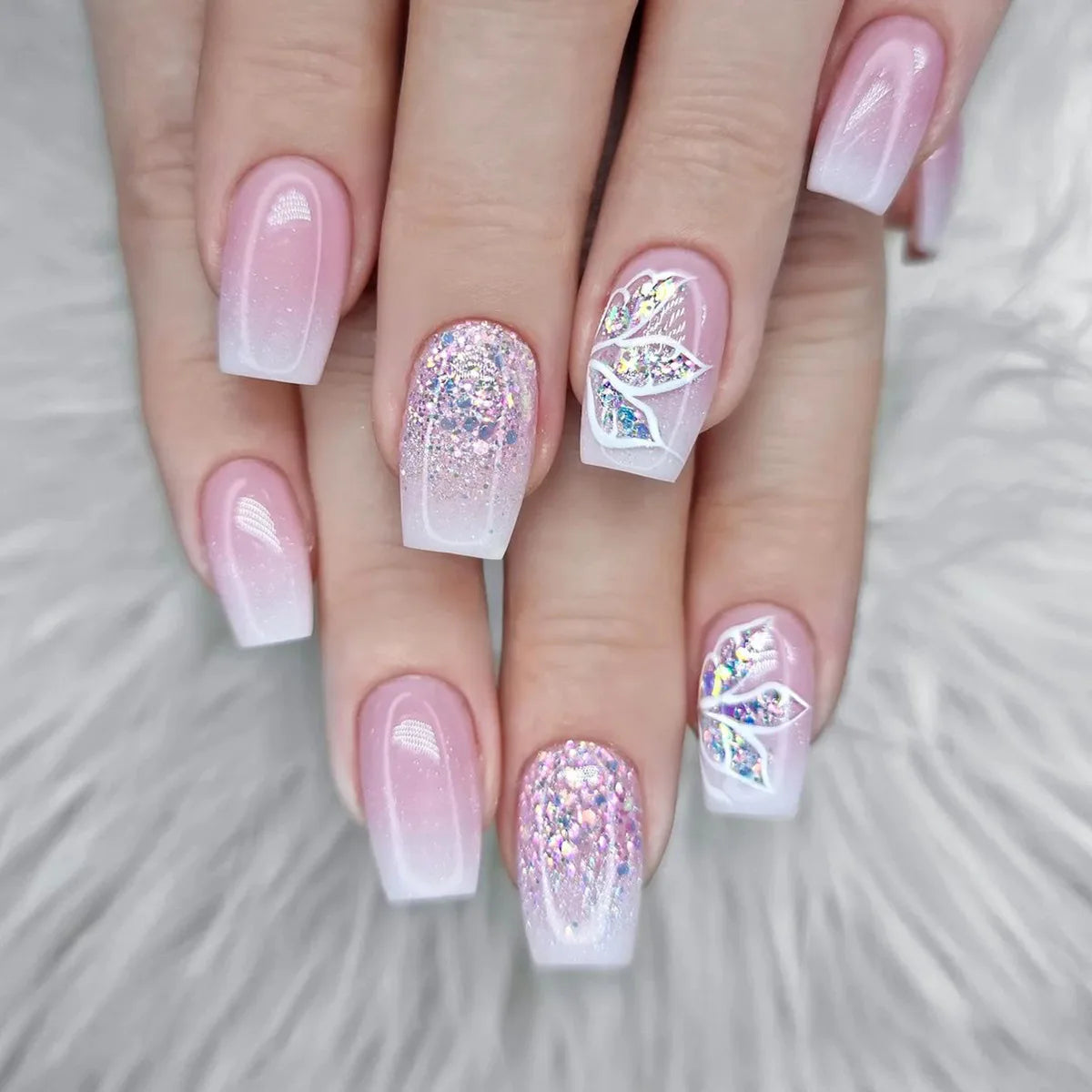 24Pcs Press on Nails Wearable Fake Nails Pink Gradient Glitter Butterfly Rhinestones False Nail Full Cover Acrylic Nail Tips
