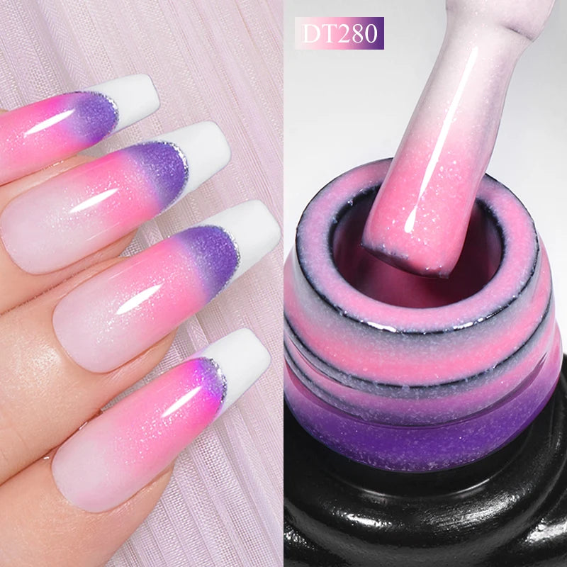 MEET ACROSS 7ml Auroras Thermal Gel Nail Polish Gold Glitter Gradient Color Changing Gel Semi Permanent Nail Art UV Gel Varnish