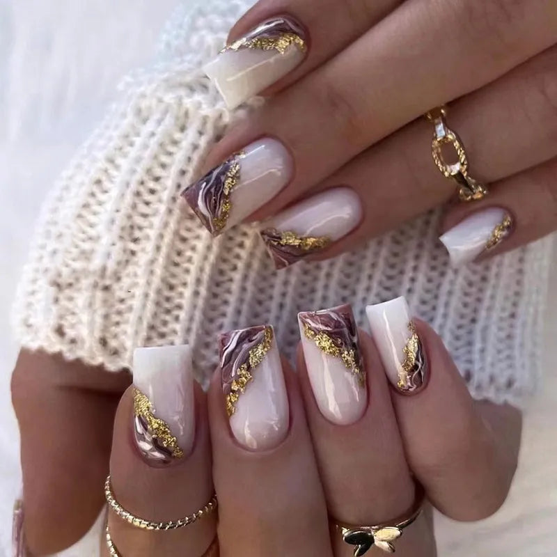24pcs False Nail Full Cover Fake Nail Elegant Pink Gradient Glitter French Short Nails Coffin Short False Nail Press on Nails
