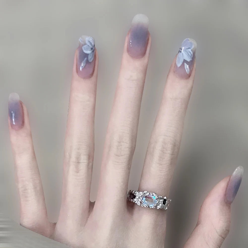 24pcs False Nails Floral Beads Decorated Artificial Nail Tips Bride Reusable Fingernails Fake Nail Press on Nail накладные ногти
