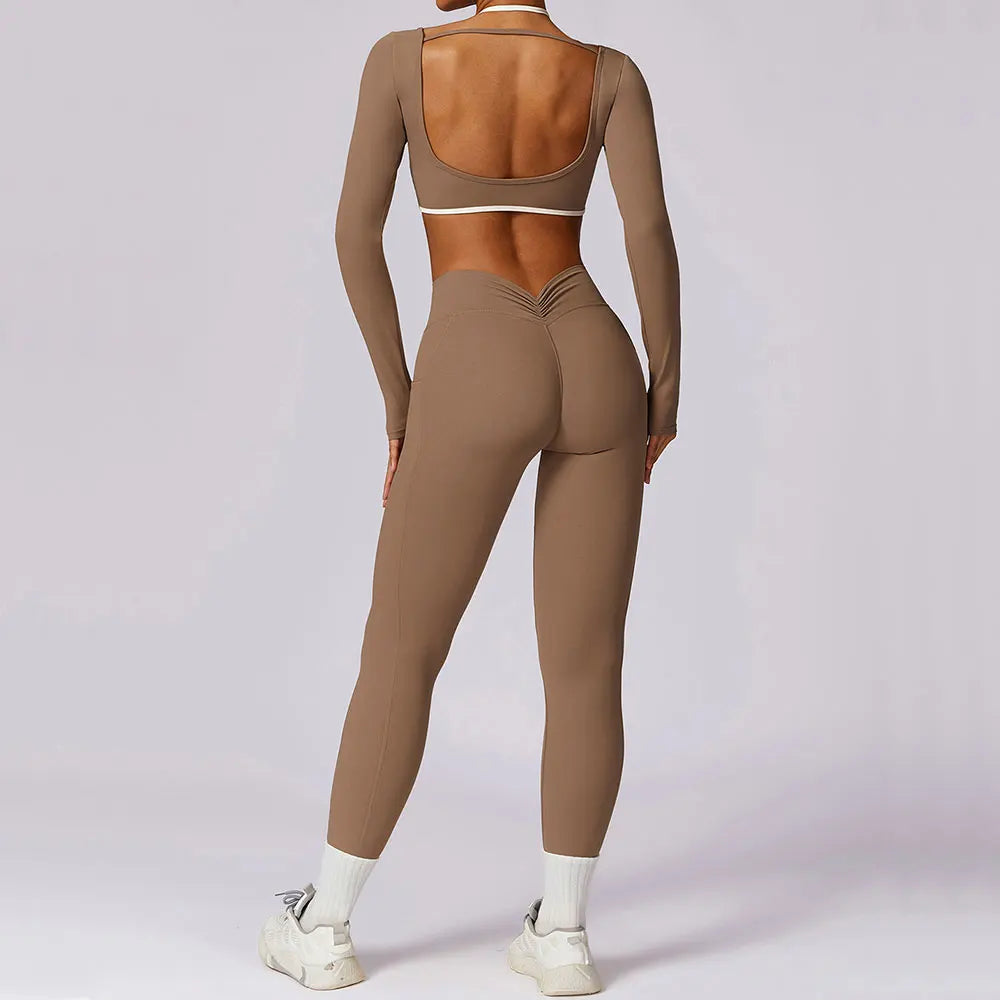 2PCS Women Tracksuit Yoga Set Sport Suit Gymwear Workout Clothes Long Sleeve Gym Bra High Waist Leggings Fitness Sports Wear