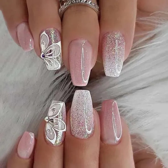 24Pcs Press on Nails Wearable Fake Nails Pink Gradient Glitter Butterfly Rhinestones False Nail Full Cover Acrylic Nail Tips