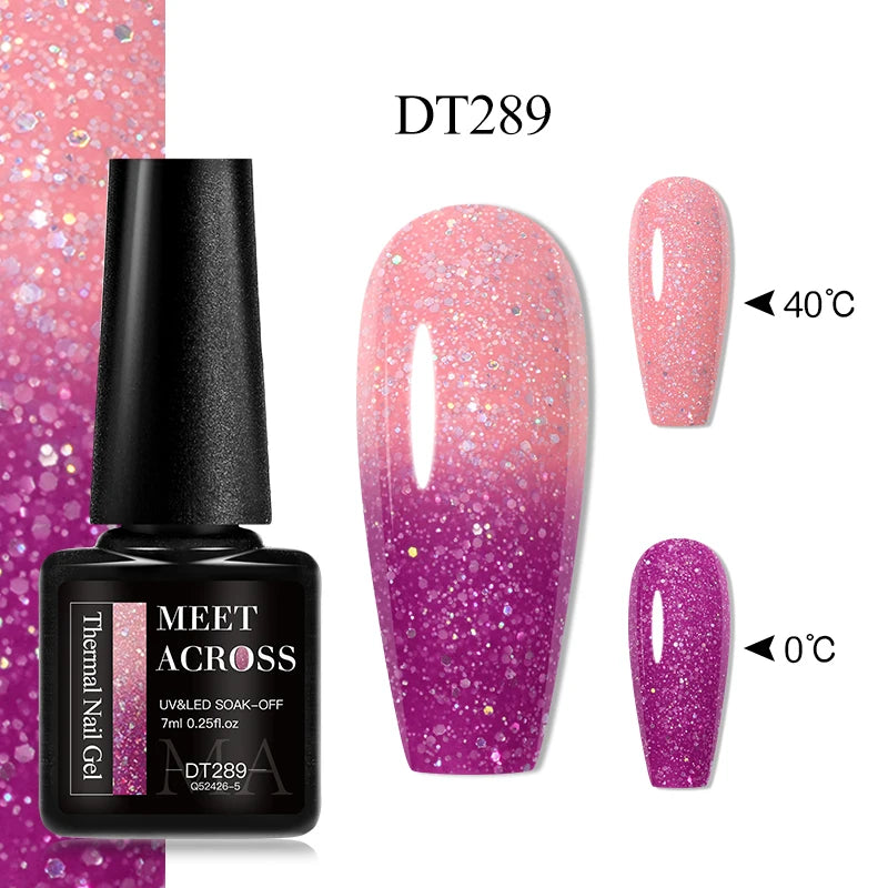 MEET ACROSS 7ml Auroras Thermal Gel Nail Polish Gold Glitter Gradient Color Changing Gel Semi Permanent Nail Art UV Gel Varnish