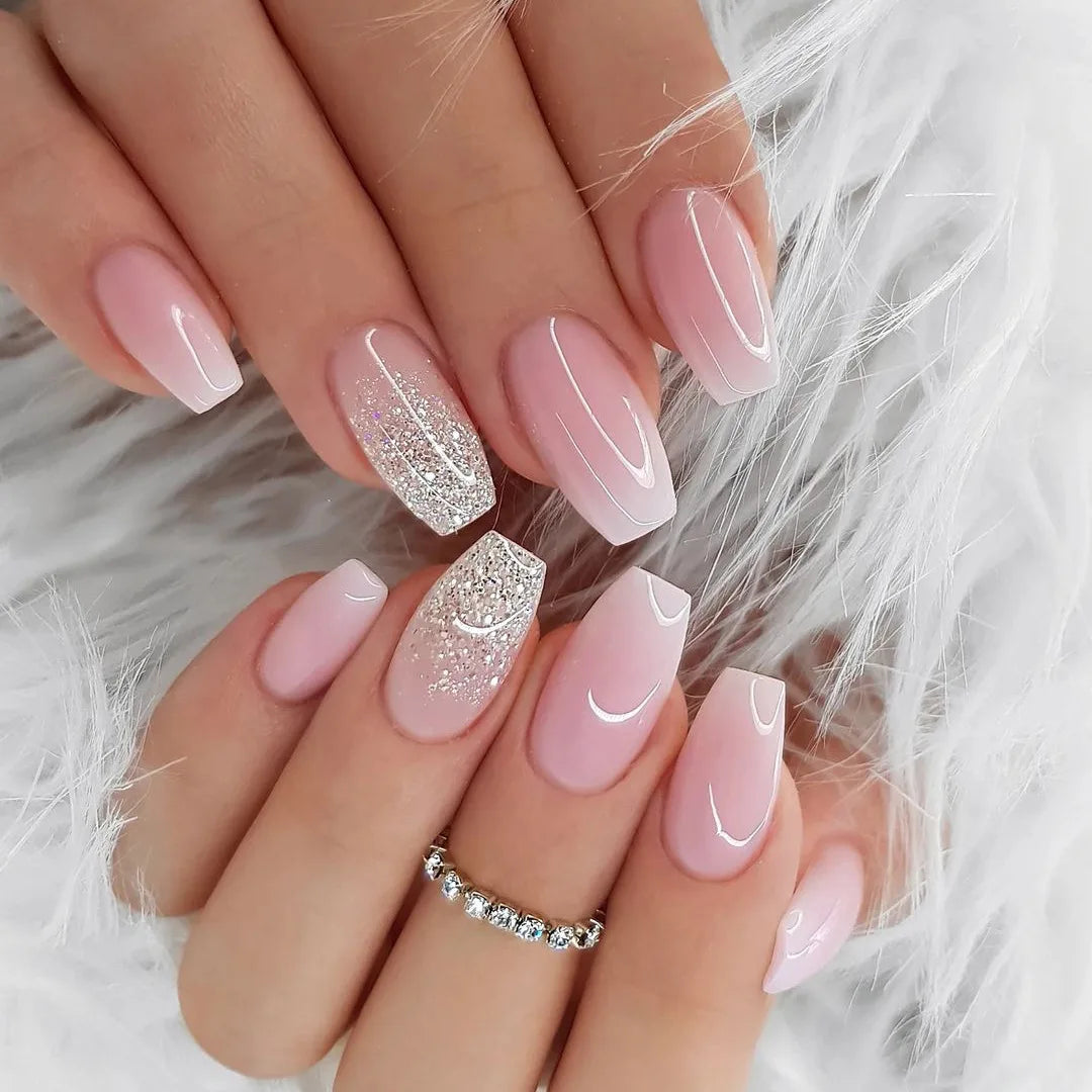 24Pcs Press on Nails Wearable Fake Nails Pink Gradient Glitter Butterfly Rhinestones False Nail Full Cover Acrylic Nail Tips