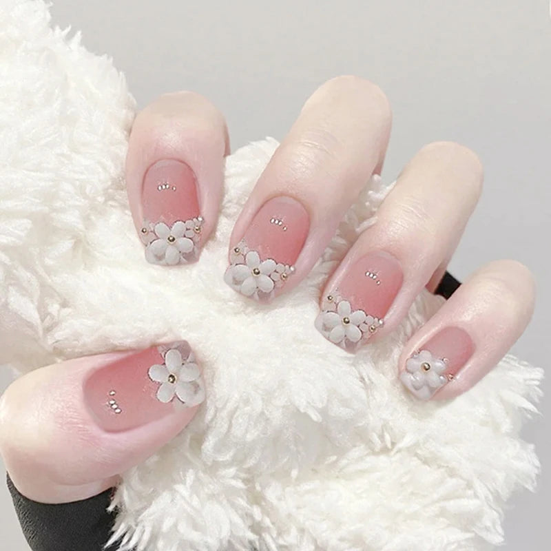 24pcs False Nails Floral Beads Decorated Artificial Nail Tips Bride Reusable Fingernails Fake Nail Press on Nail накладные ногти