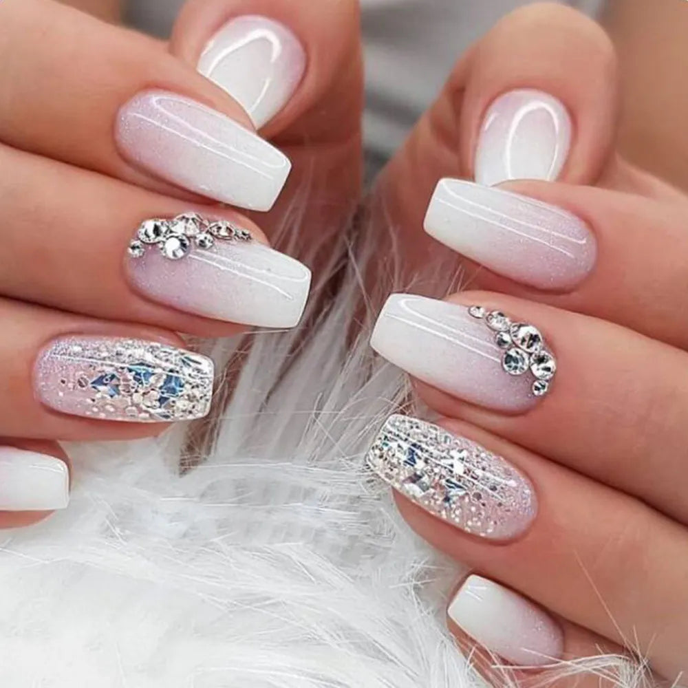 24Pcs Press on Nails Wearable Fake Nails Pink Gradient Glitter Butterfly Rhinestones False Nail Full Cover Acrylic Nail Tips