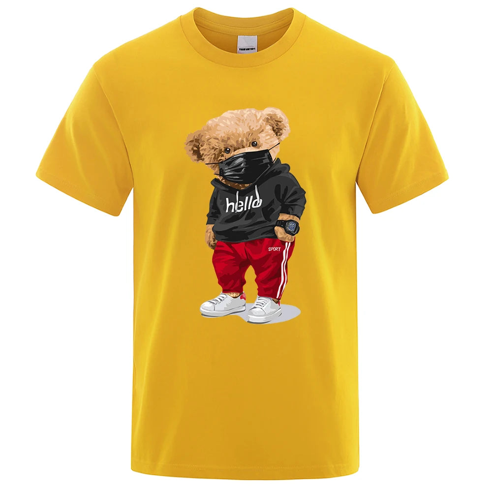 100% Cotton Sports Mask Bear Print Short-Sleeved T-Shirt Male Half-Sleeved Summer Casual Oversized T-Shirt Men Shirt S-Xxxl