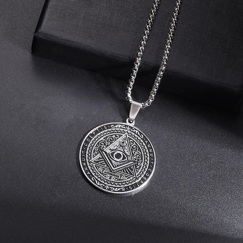 Men\'s Classic Punk Gold Plated Freemason Round Medal Pendant Necklace Hip Hop Style Rock Party Jewelry