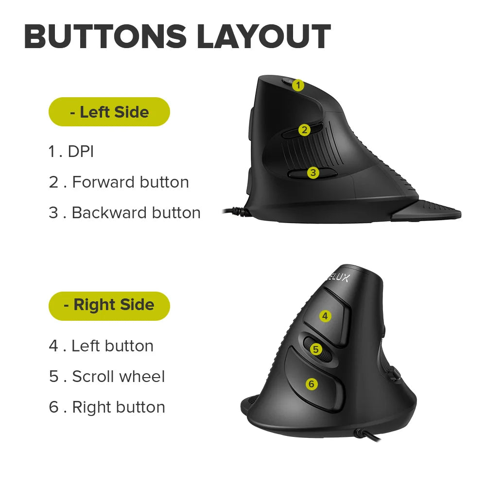 Delux M618 BU Ergonomic Vertical Mouse 6 Buttons 800/1200/1600 DPI Optical Right Hand Mice With Wrist Mat for PC Laptop
