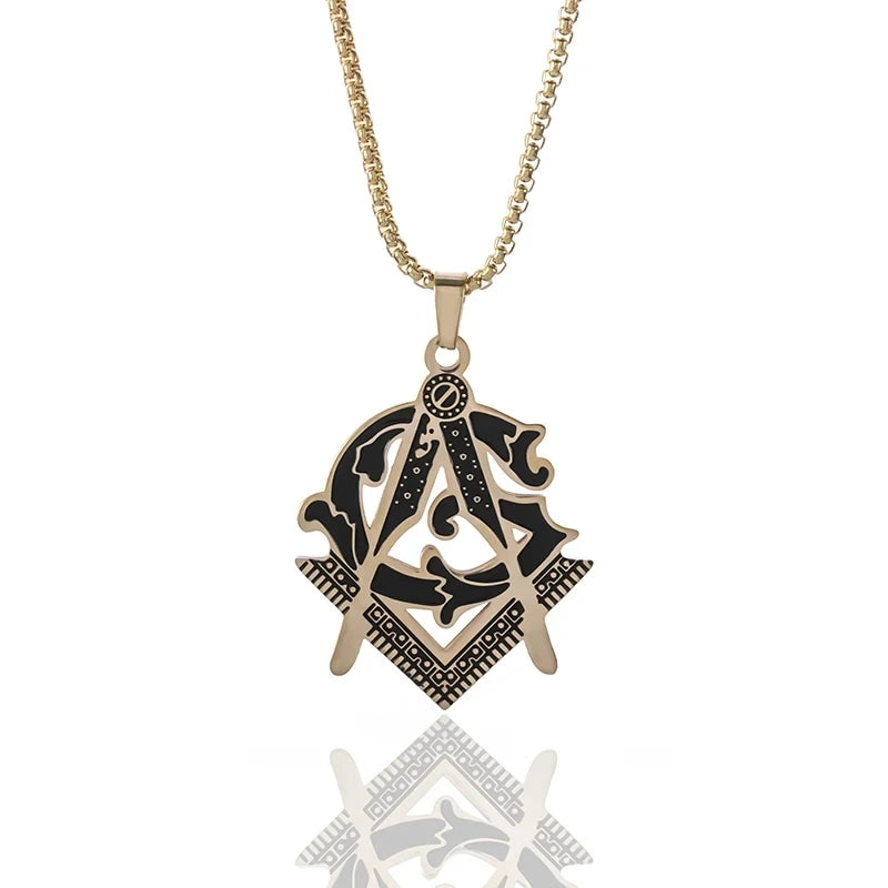 Men\'s Classic Punk Gold Plated Freemason Round Medal Pendant Necklace Hip Hop Style Rock Party Jewelry