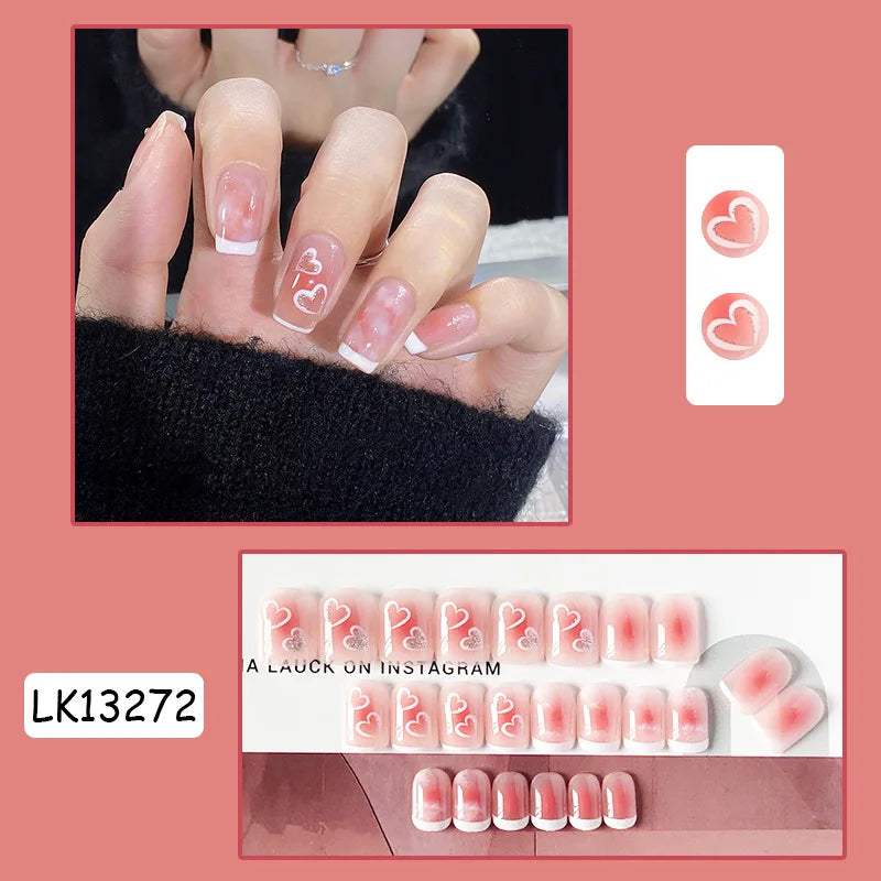 24PcsSet Wearable Press on Nail Art Full Cover Manicure Ballet Cute Nails False Removable Fake Nails With Glue Short Square Head
