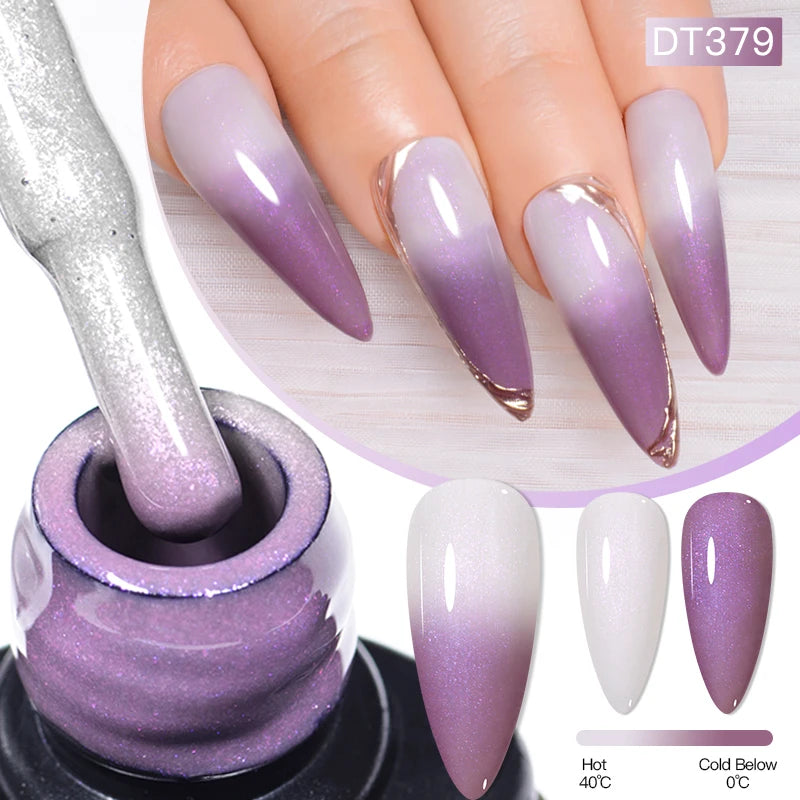 MEET ACROSS 7ml Auroras Thermal Gel Nail Polish Gold Glitter Gradient Color Changing Gel Semi Permanent Nail Art UV Gel Varnish
