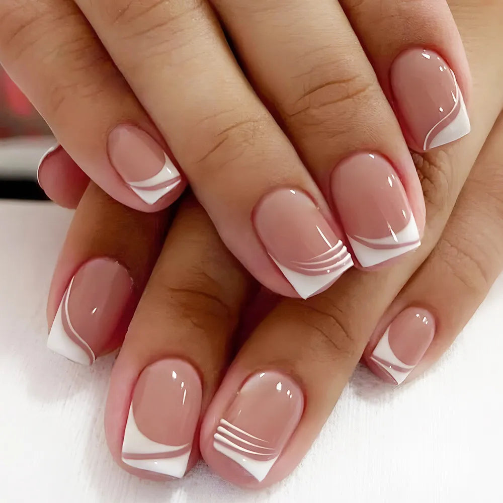 24pcs False Nail Full Cover Fake Nail Elegant Pink Gradient Glitter French Short Nails Coffin Short False Nail Press on Nails