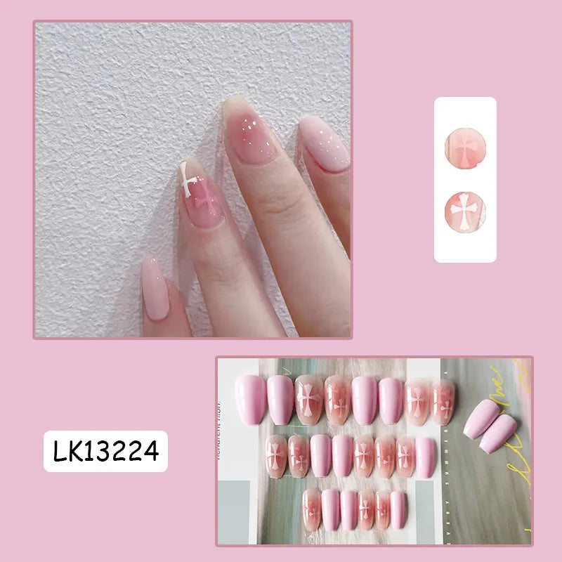 24PcsSet Wearable Press on Nail Art Full Cover Manicure Ballet Cute Nails False Removable Fake Nails With Glue Short Square Head