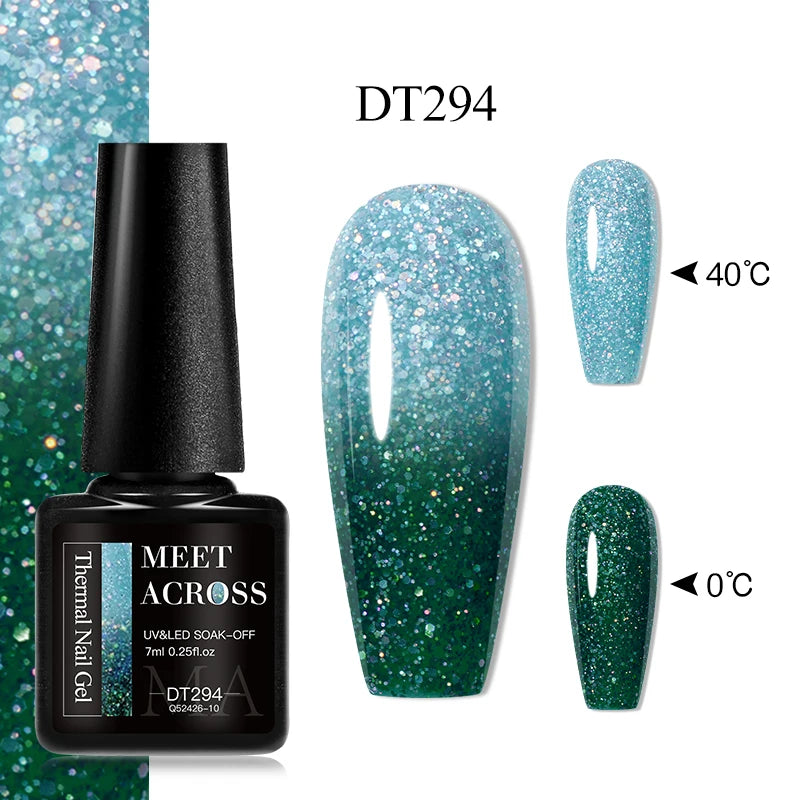 MEET ACROSS 7ml Auroras Thermal Gel Nail Polish Gold Glitter Gradient Color Changing Gel Semi Permanent Nail Art UV Gel Varnish