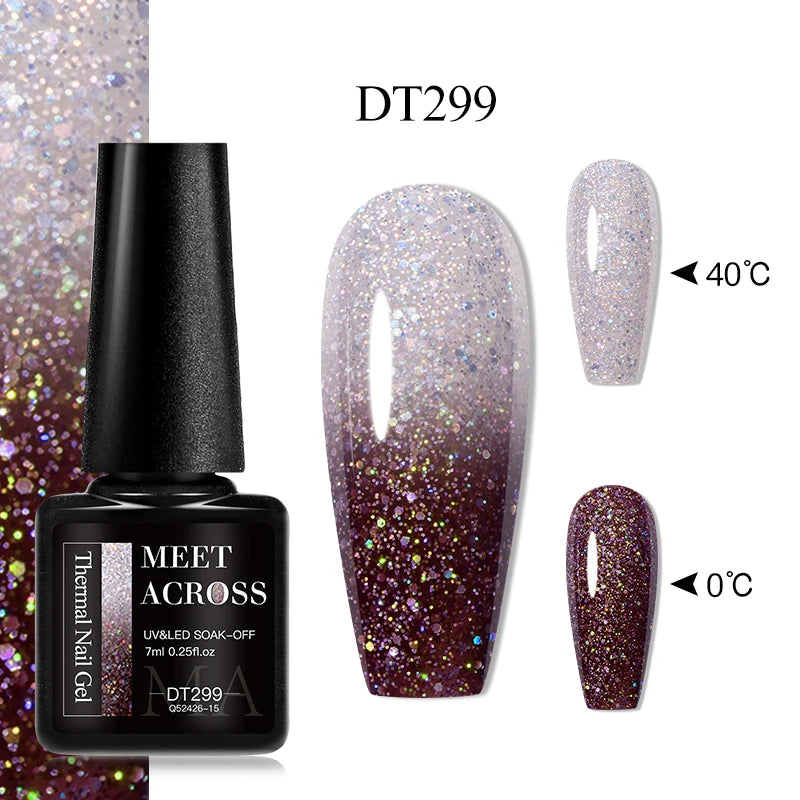 MEET ACROSS 7ml Auroras Thermal Gel Nail Polish Gold Glitter Gradient Color Changing Gel Semi Permanent Nail Art UV Gel Varnish