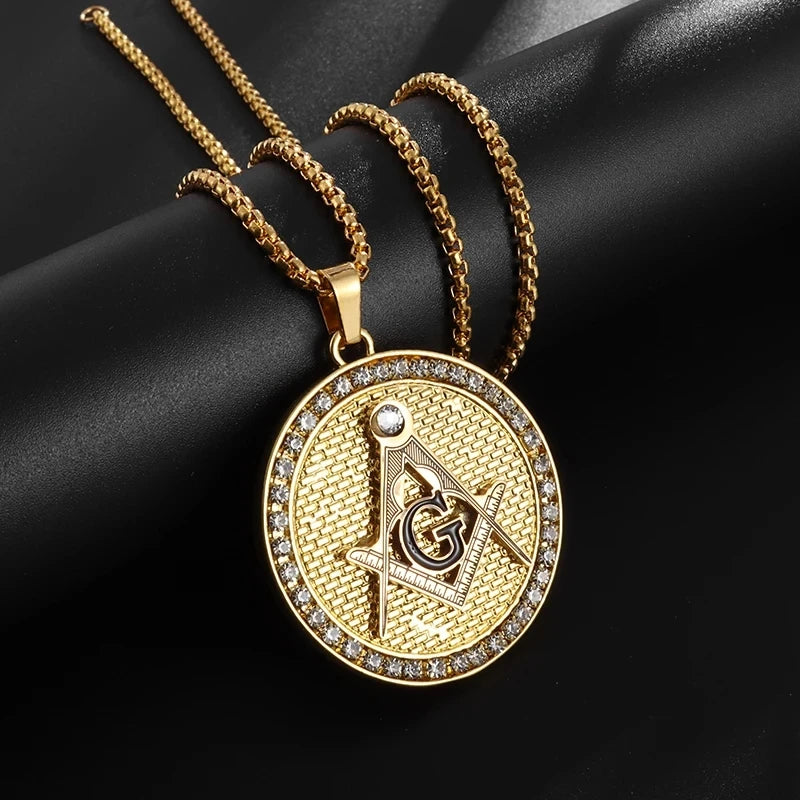 Men\'s Classic Punk Gold Plated Freemason Round Medal Pendant Necklace Hip Hop Style Rock Party Jewelry