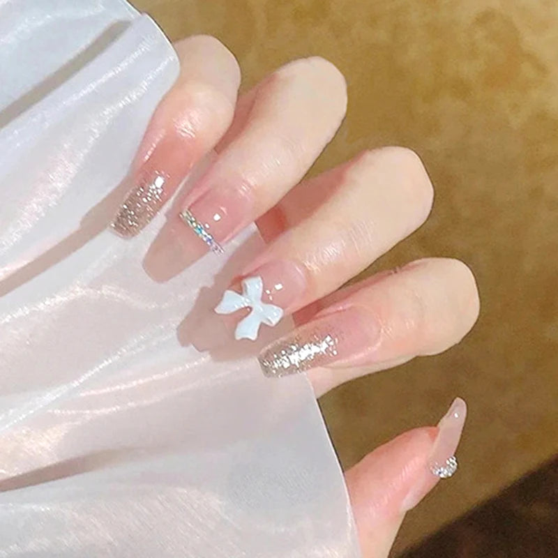 24pcs False Nails Floral Beads Decorated Artificial Nail Tips Bride Reusable Fingernails Fake Nail Press on Nail накладные ногти