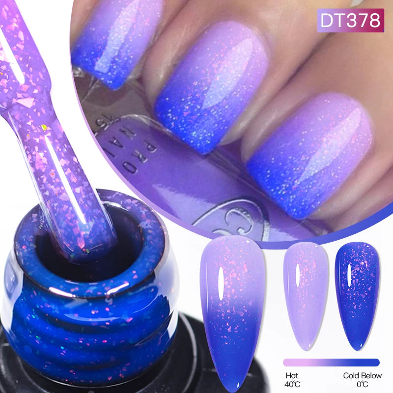 MEET ACROSS 7ml Auroras Thermal Gel Nail Polish Gold Glitter Gradient Color Changing Gel Semi Permanent Nail Art UV Gel Varnish