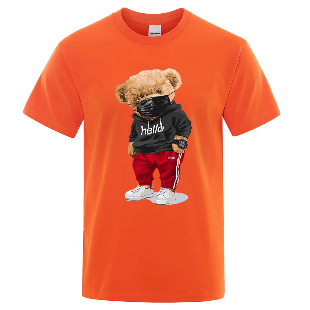 100% Cotton Sports Mask Bear Print Short-Sleeved T-Shirt Male Half-Sleeved Summer Casual Oversized T-Shirt Men Shirt S-Xxxl