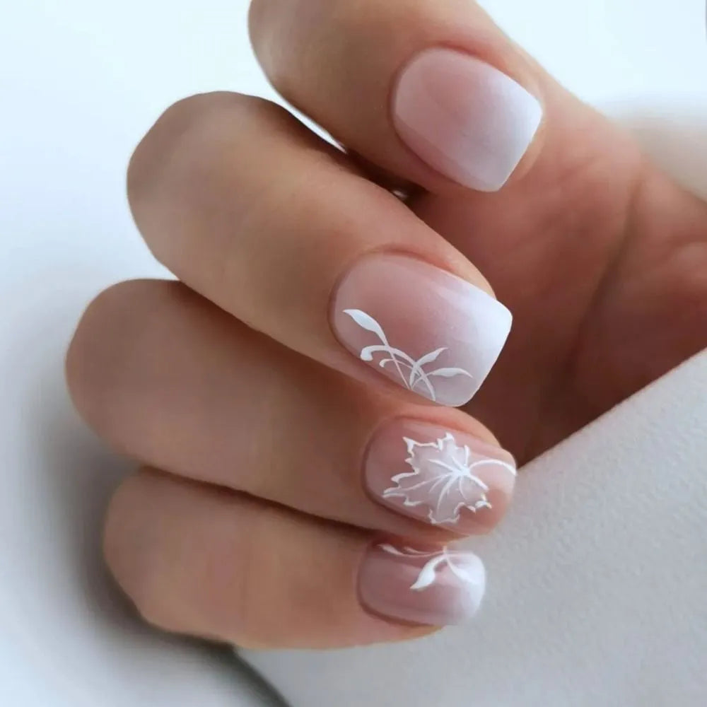 24pcs False Nail Full Cover Fake Nail Elegant Pink Gradient Glitter French Short Nails Coffin Short False Nail Press on Nails
