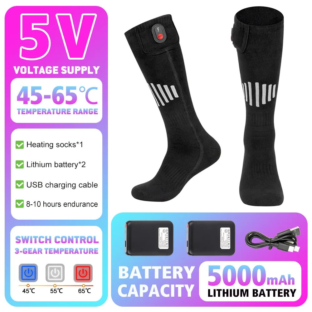 65℃ Heated Socks Winter Warmth 5000mAh USB Rechargeable Heating Socks Motorcycle Outdoor Heated Boots Snowmobile Skiing Sock