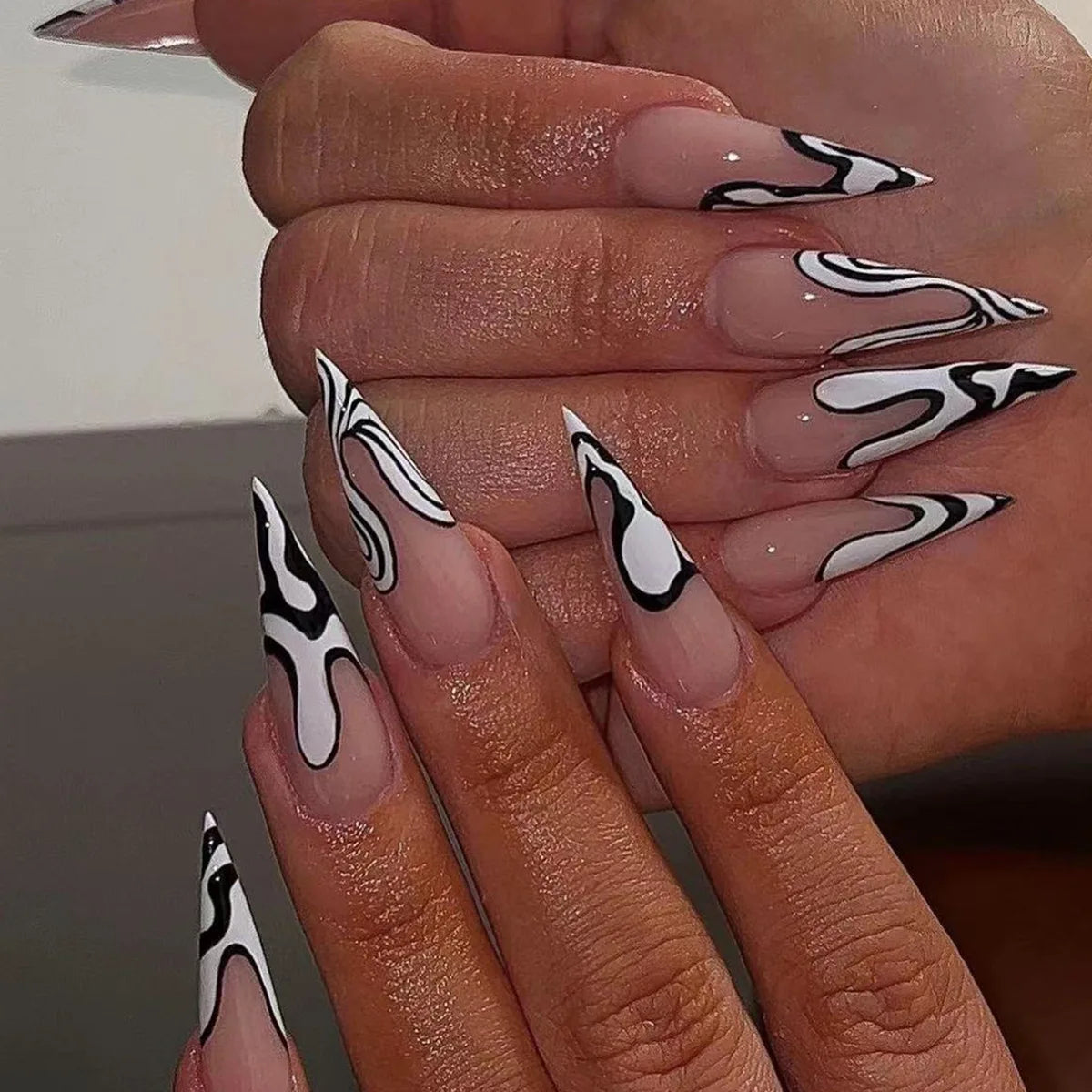 Long Almond Fake Nails Detachable French Ballet Halloween False Nails Nail Art Full Cover Nail Tips Press on Nails 24pcs