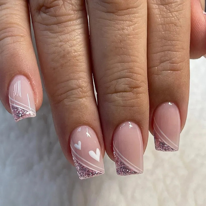 24pcs False Nail Full Cover Fake Nail Elegant Pink Gradient Glitter French Short Nails Coffin Short False Nail Press on Nails