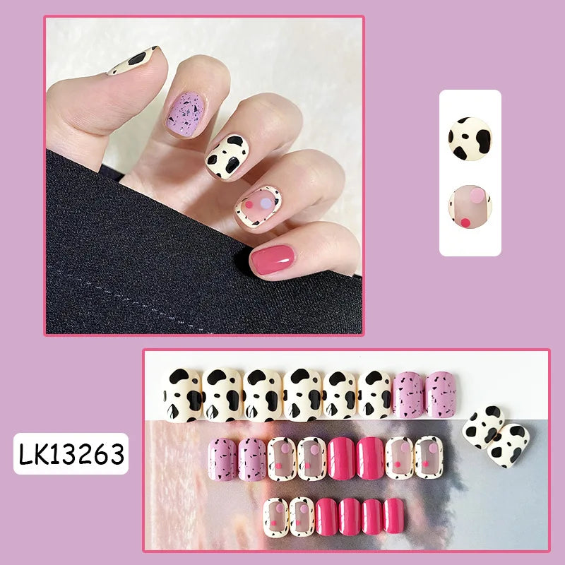 24PcsSet Wearable Press on Nail Art Full Cover Manicure Ballet Cute Nails False Removable Fake Nails With Glue Short Square Head