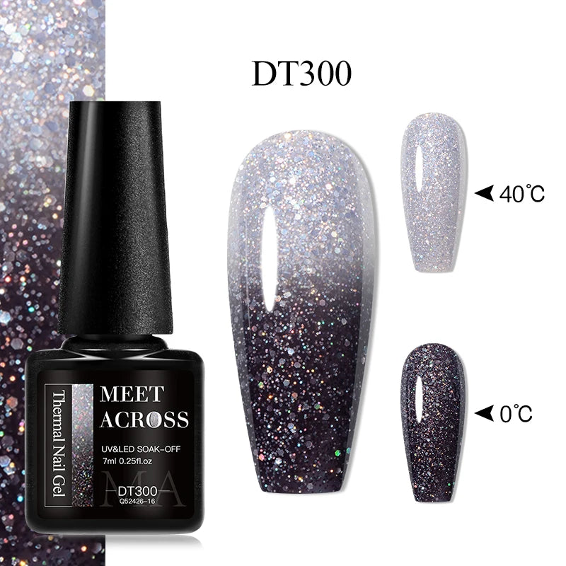 MEET ACROSS 7ml Auroras Thermal Gel Nail Polish Gold Glitter Gradient Color Changing Gel Semi Permanent Nail Art UV Gel Varnish