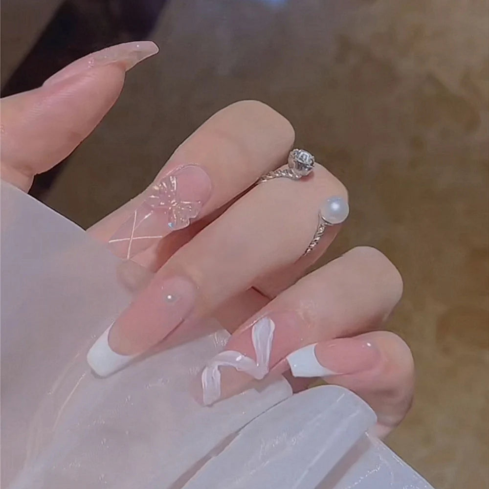 24pcs False Nails Floral Beads Decorated Artificial Nail Tips Bride Reusable Fingernails Fake Nail Press on Nail накладные ногти
