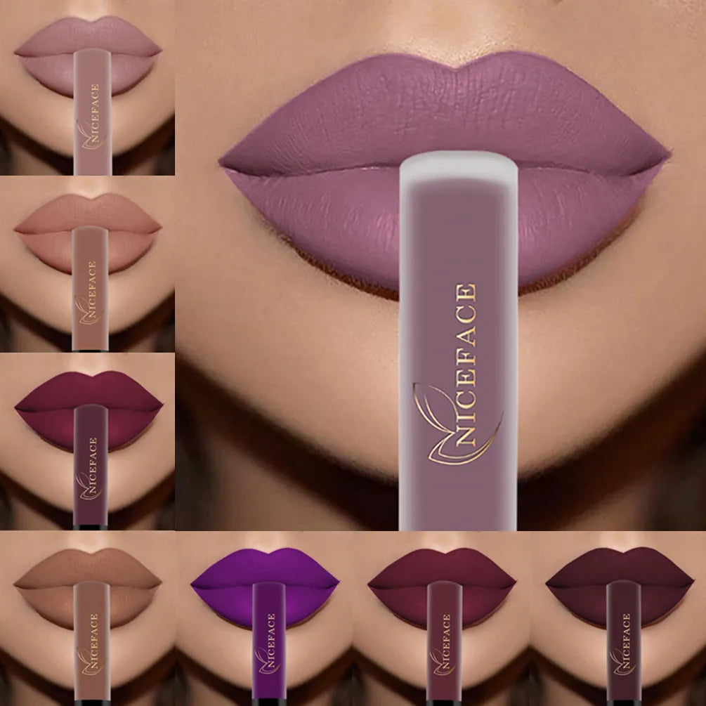NICEFACE Hot Lip Gloss Waterproof Velvet Nude Matte Liquid Lipstick Cosmetics Lip Tint Cream Pigment Long Lasting for Lip Makeup