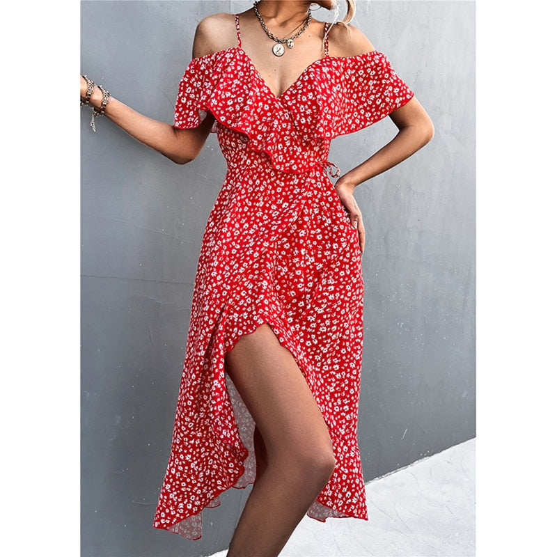 MOVOKAKA Ladies Spring Summer Sexy Straps Dress Women Ruffles Off Shoulder Casual Party Dresses Elegant Floral Print Beach Dress