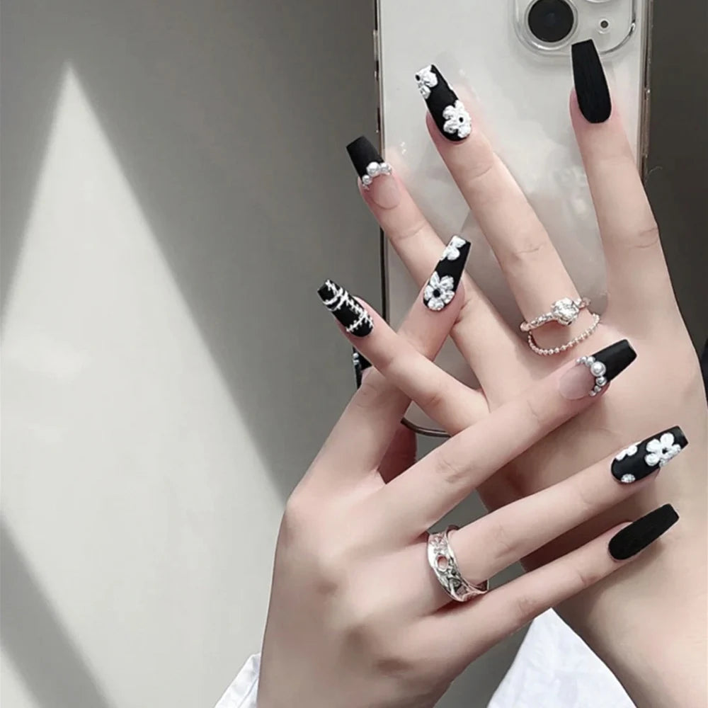 24pcs False Nails Floral Beads Decorated Artificial Nail Tips Bride Reusable Fingernails Fake Nail Press on Nail накладные ногти