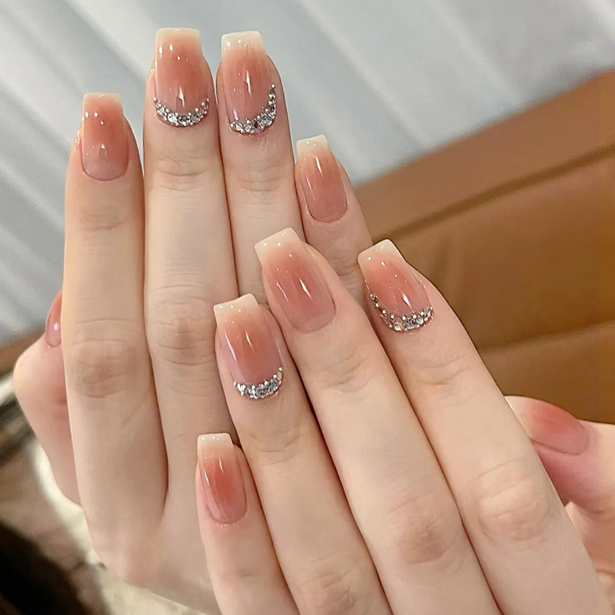 24Pcs Press on Nails Wearable Fake Nails Pink Gradient Glitter Butterfly Rhinestones False Nail Full Cover Acrylic Nail Tips