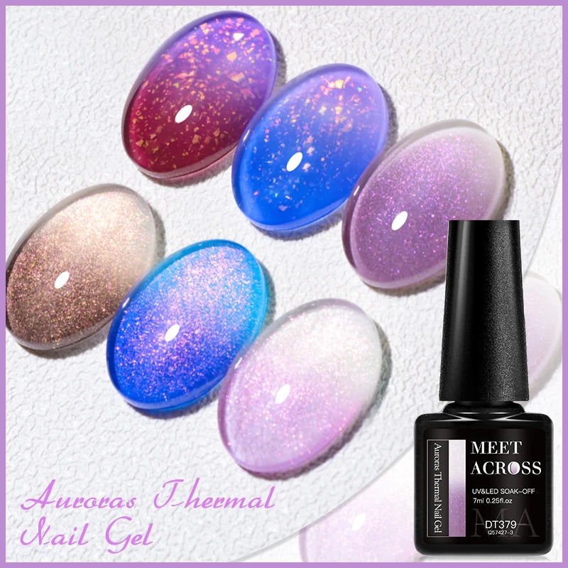 MEET ACROSS 7ml Auroras Thermal Gel Nail Polish Gold Glitter Gradient Color Changing Gel Semi Permanent Nail Art UV Gel Varnish