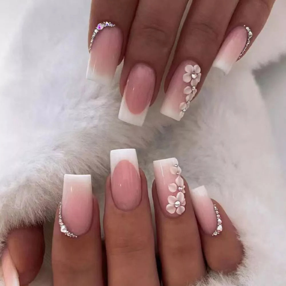 24pcs False Nail Full Cover Fake Nail Elegant Pink Gradient Glitter French Short Nails Coffin Short False Nail Press on Nails