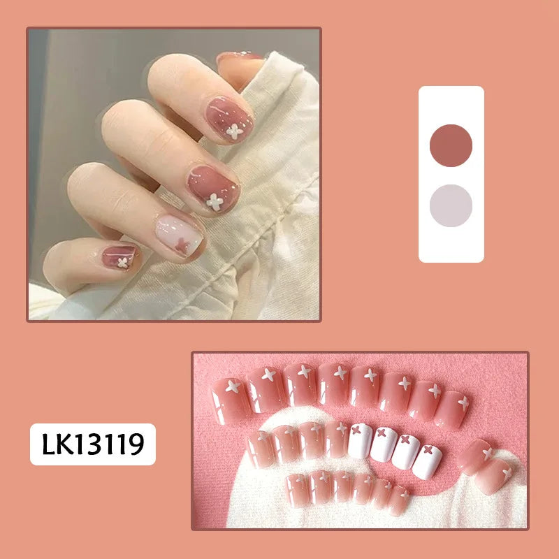 24PcsSet Wearable Press on Nail Art Full Cover Manicure Ballet Cute Nails False Removable Fake Nails With Glue Short Square Head