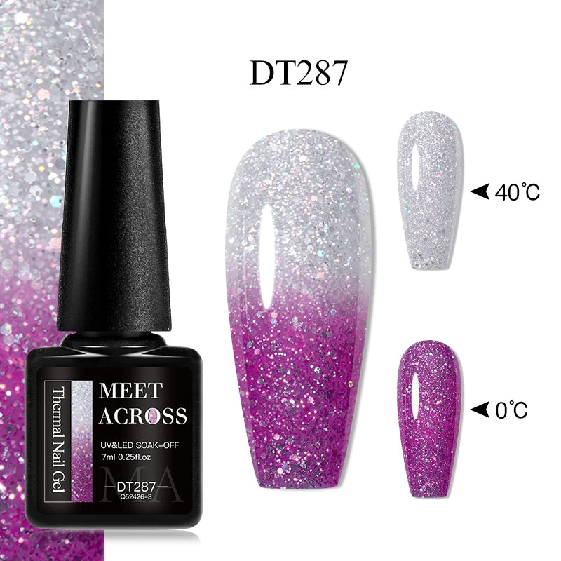 MEET ACROSS 7ml Auroras Thermal Gel Nail Polish Gold Glitter Gradient Color Changing Gel Semi Permanent Nail Art UV Gel Varnish