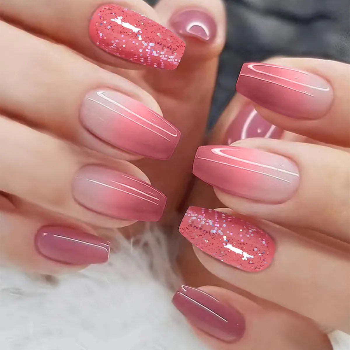 24Pcs Press on Nails Wearable Fake Nails Pink Gradient Glitter Butterfly Rhinestones False Nail Full Cover Acrylic Nail Tips