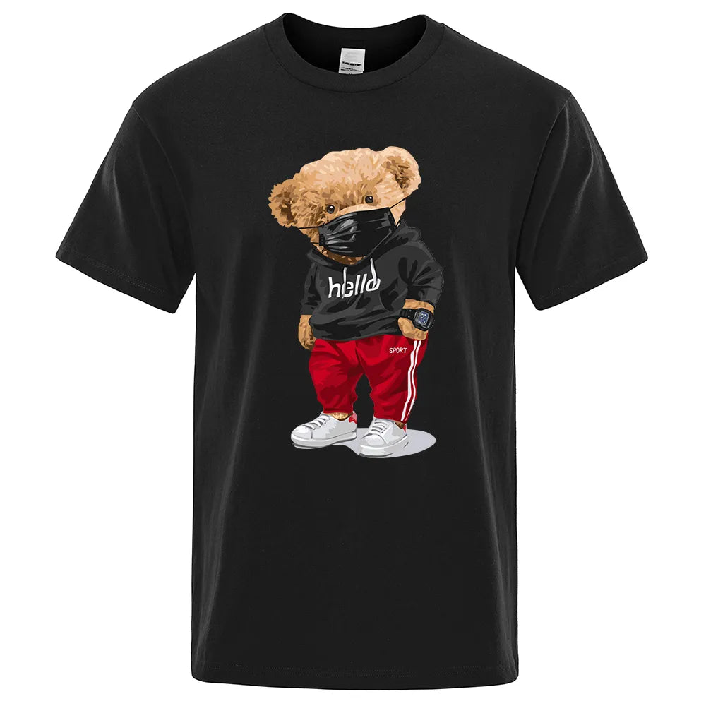 100% Cotton Sports Mask Bear Print Short-Sleeved T-Shirt Male Half-Sleeved Summer Casual Oversized T-Shirt Men Shirt S-Xxxl
